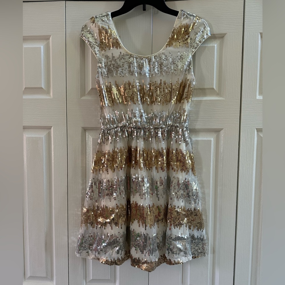 Rue21 cream/gold/silver sparkle dress